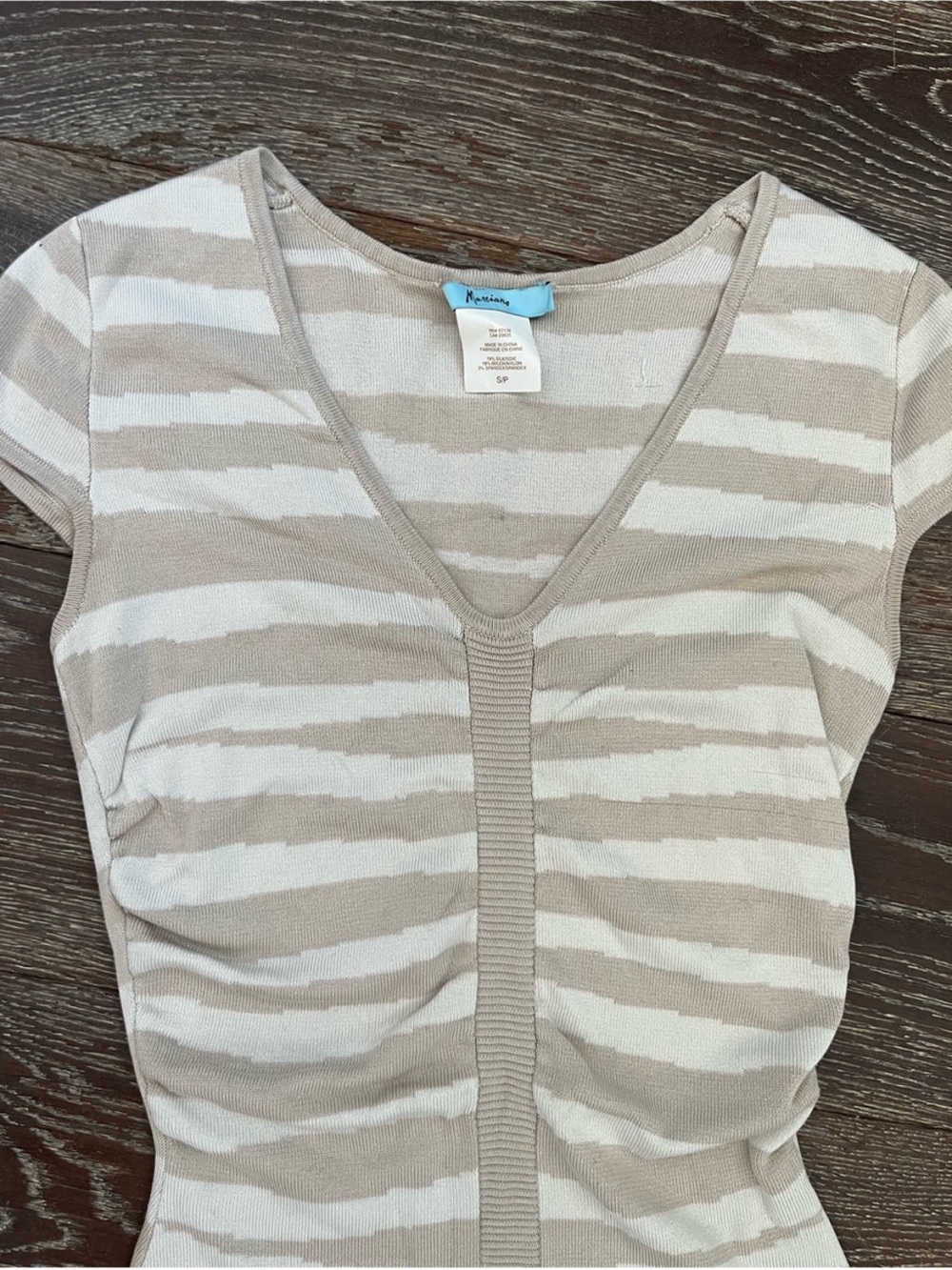 Vintage Marciano Beige and White Striped V‑Neck Knit Pencil Dress - Picture 2 of 3